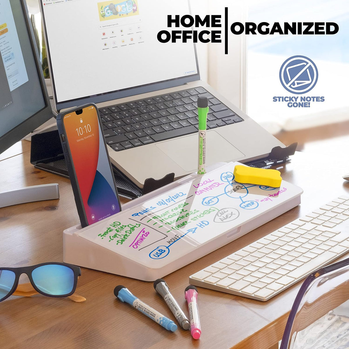 Desktop Whiteboard - Glass Dry Erase White Board - Desk Computer Buddy – Home Office & Studying Essentials - Desktop Pad with Phone & Tablet Slot, Storage Compartment - Includes 4 Markers, 1 Eraser