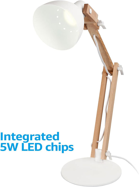 TORCHSTAR LED Swing Arm Desk Lamp, Wood Integrated Table Lamp, Heavy Base, 4-Level Dimmer, 5W, 2800K-3000K Warm White, Reading Lights for Office, Living Room, Bedroom, Bedside Nightstand Lamp, White