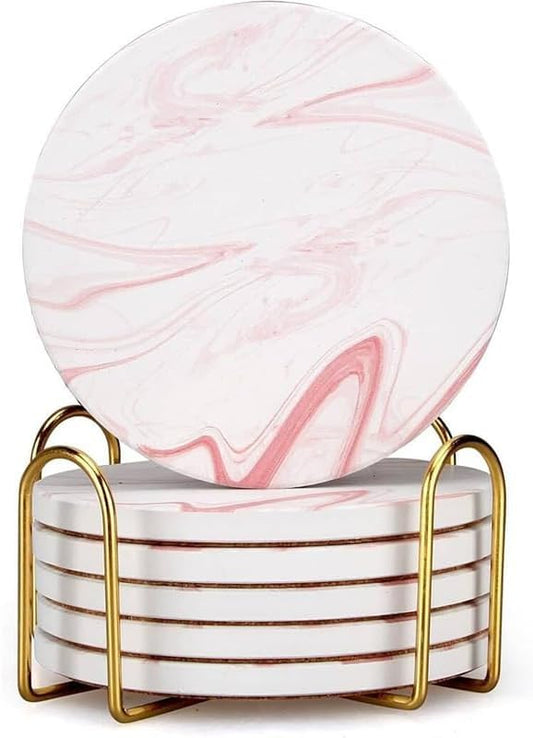 Cute Pink Marble Coasters for Desk Coffee Bar Table Kitchen Decor Set of 6