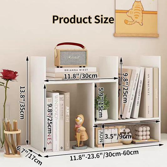 Desktop Shelf Organizer, Adjustable Wood Office Storage Rack, Counter Display Small Bookshelf for Home/Office/School(White)
