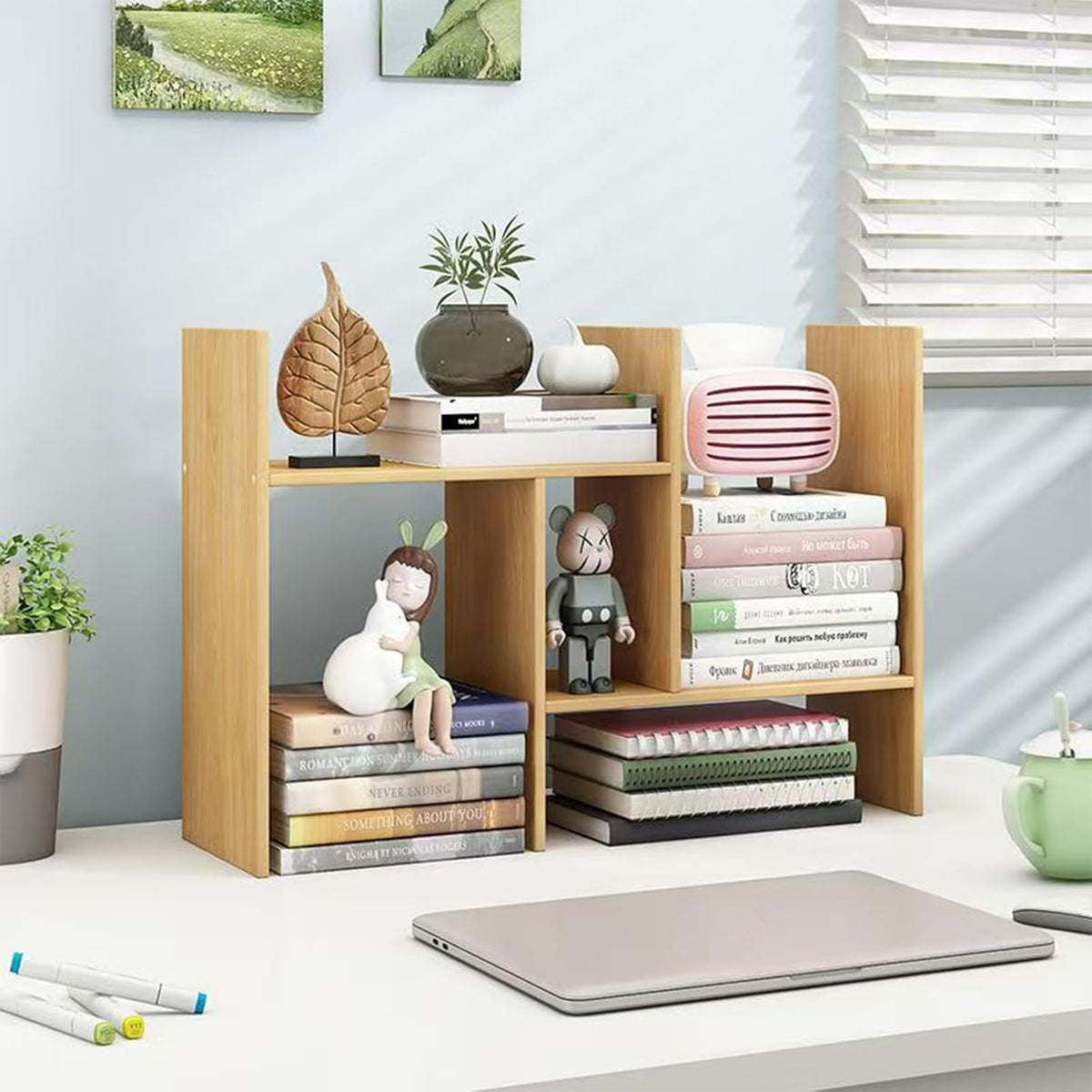 Desktop Shelf Organizer, Adjustable Wood Office Storage Rack, Counter Display Small Bookshelf for Home/Office/School(White)