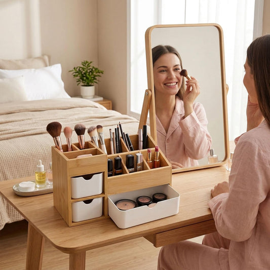 Bamboo Makeup Organizer, 3 Drawers & Adjustable Dividers