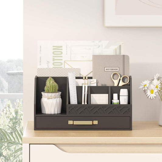 Bamboo Desk Organizer with Drawers, Mail Organizer Countertop Wood Desk Drawer Tabletop Storage Organization Pen Holder Letter Sorter Makeup Organizer for School Home Office (Black)