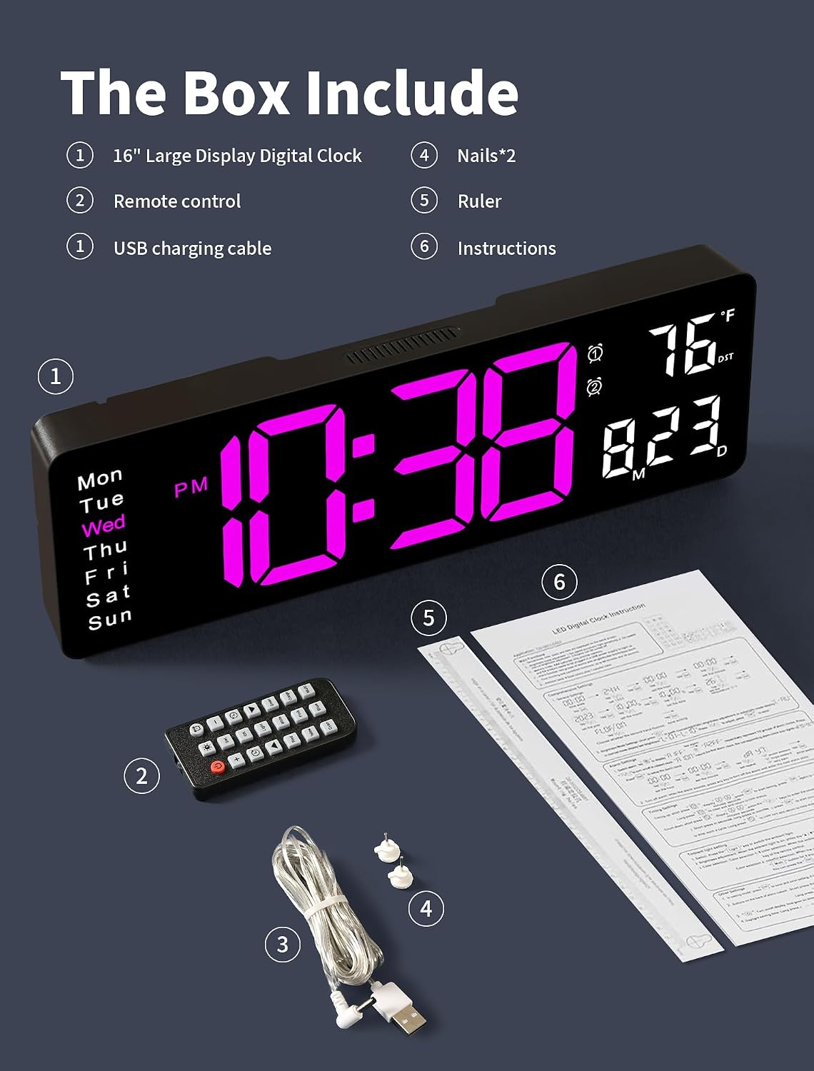Digital Wall Clock, 16" Large Display Digital Clock with Remote Control, Auto-Dimming Wall Clock with Night Light, DST, Date Week,Temp for Living Room, Bedroom, Decor, for Elderly