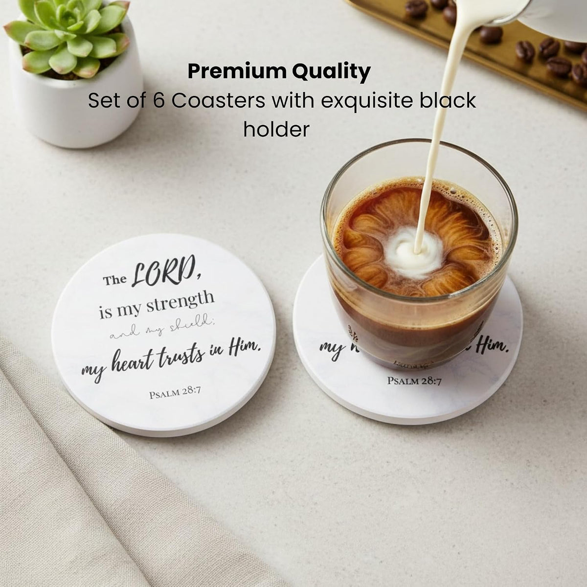Christian Coasters Set of 6 with Holder, Absorbent Ceramic Faith Gift