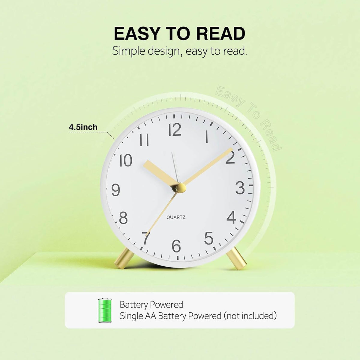 Silent Analog Quartz Kids Alarm Clock, Round Metal, Night Light