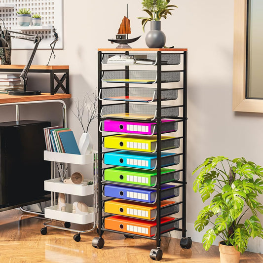 12-Tier Rolling File Cart, Desk File Organizer with 11 Mesh Sliding Trays, Letter & Legal Paper Storage Rolling Utility Cart for Office Home School, Black