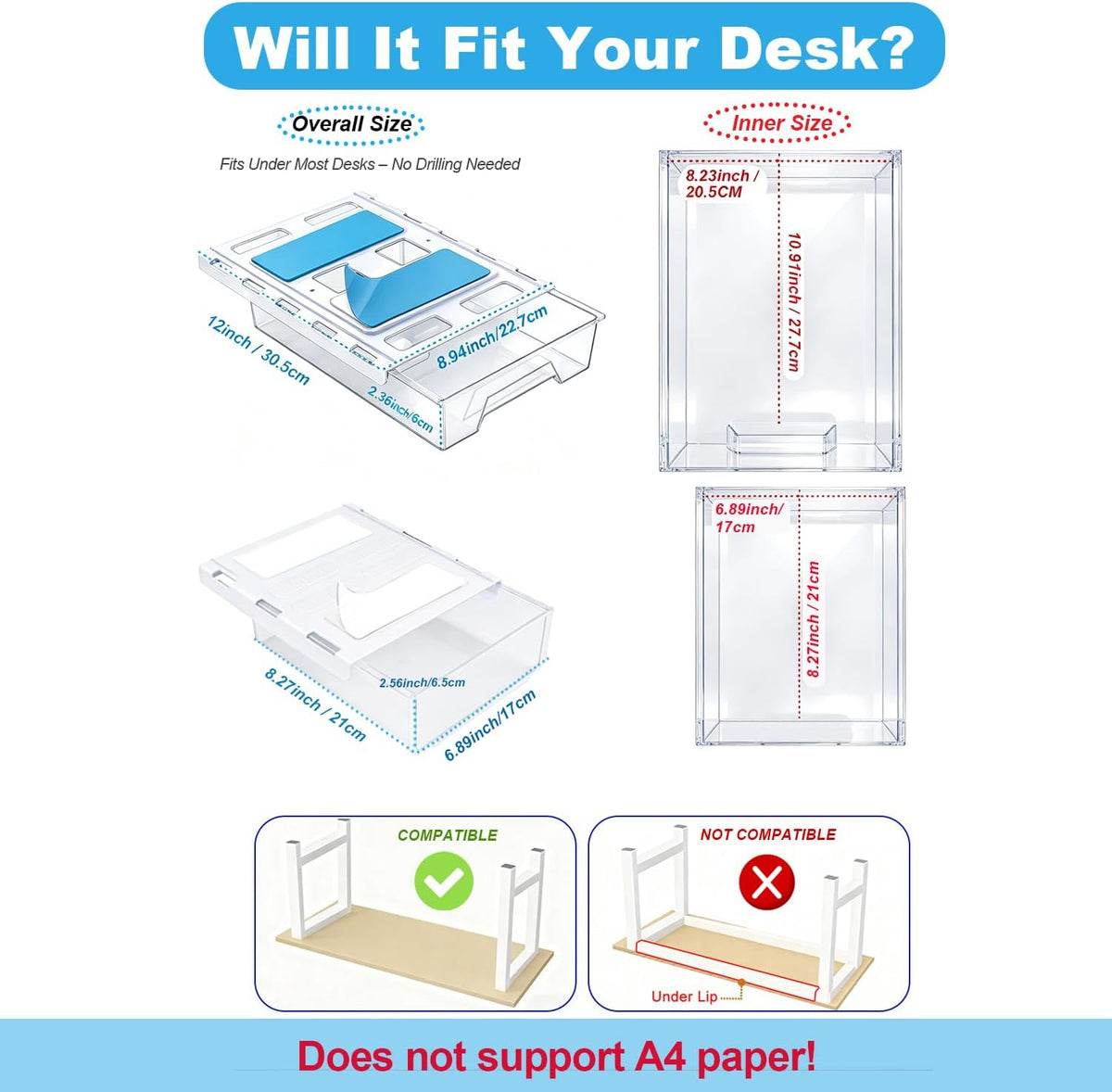 Under Desk Drawer Organizer, Self Adhesive Hidden Drawer Storage, Slide Out Desk Organizer, Space Saving Pencil & Accessories Organizer, Under Table Storage for Home Office & School, Black