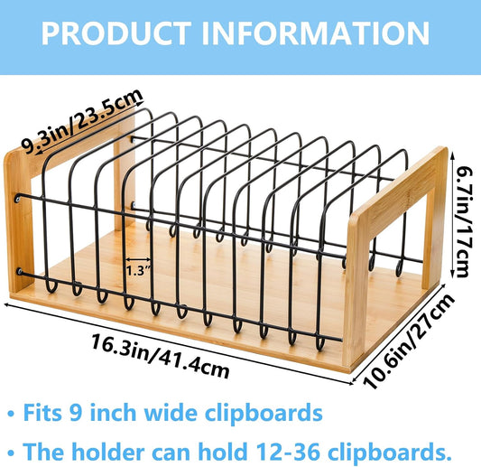 Vertical Clipboard Holder, 12 Slot Bamboo and Metal Clipboard Stand, Desk File Organizer Storage Rack for Home, Office, Classroom, No Assembly Required