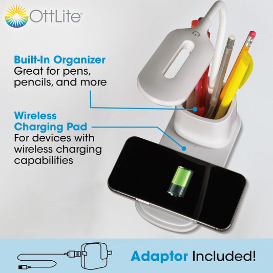 Organizer LED Desk Lamp with Wireless Charging, White