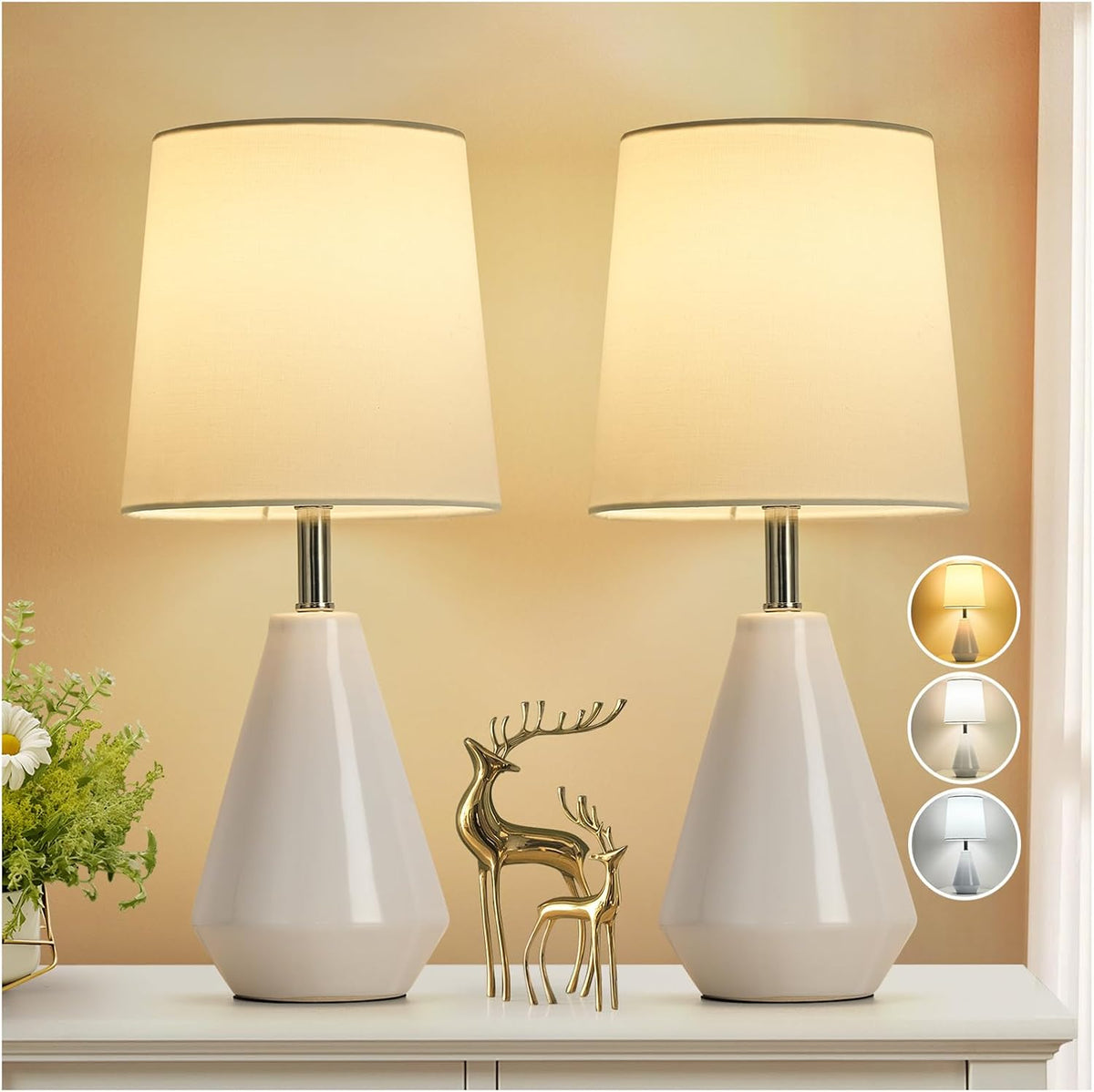 Small Bedside Table Lamp for Bedroom - Reading Desk Lamp with 3 Color Temperatures,15.5" Nightstand Ceramic Lamp with Fabric Shade for Kids Room,Living Room,Dorm,Home Office (Green)