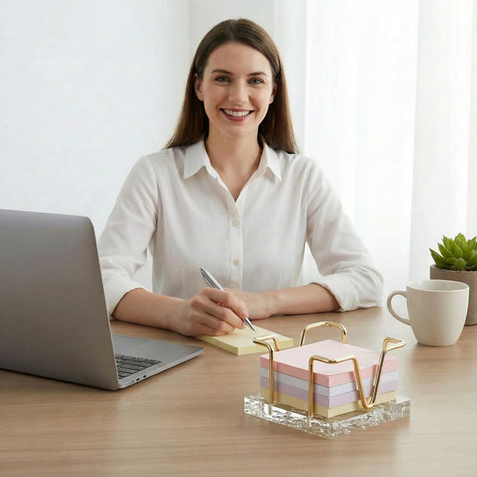 Acrylic Sticky Note Holder, 3 x 3 inch Self-Stick Note Memo Pad Holder for Desk, Notepad Dispenser Organizer for School Office Home, Gold
