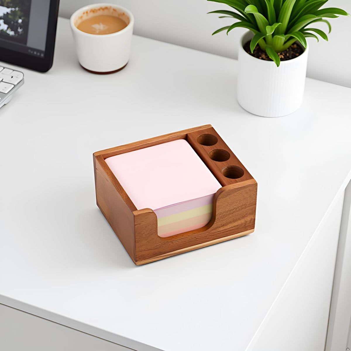 Acacia Wood Sticky Note Holder with 3 Pen Holders, 3x3 Post It Note Dispenser with Anti-Slip Pads, All-in-One Wooden Desk Organizer for Office Home School (4.0“x3.5"x2")