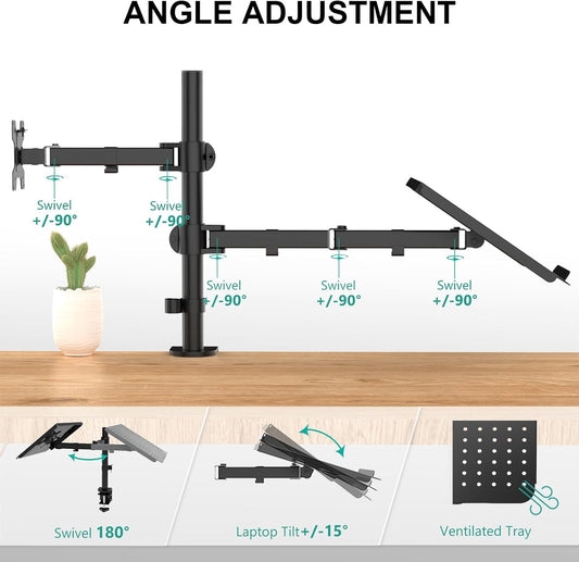 WALI Single Arm Laptop and Monitor Desk Mount for 17" Notebook and Up to 32" Screen, 2-in-1 Adjustable Monitor Arm with Laptop Tray, VESA 75x75 100x100,Holds 22-26.4 lbs, Black (GSMP001NLP)