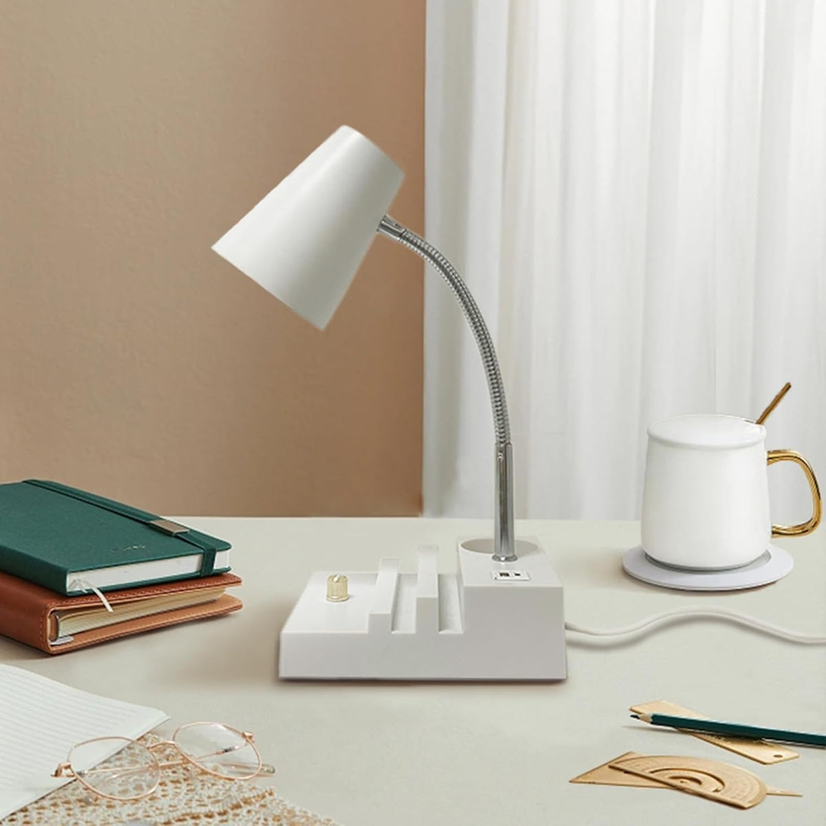 LALISU Study Desk Lamp with USB Charging and Type-C Night Light, Gooseneck LED Table Lamp Stepless Dimming Study Table Lamp with Pen Holder for College Dorm Bedroom and Office (Black)