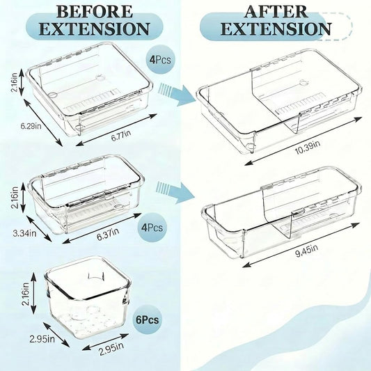 Expandable Clear Drawer Organizer, 3-Size Extendable Drawer Divider, Adjustable Plastic Storage Box, Arcrylic Storage Bins for Makeup Vanity Drawer Dresser DIY Desk Office Kitchen Utensils