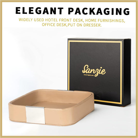 SANZIE Luxury Leather Desktop Storage Small Catchall Organizer Decorative Tray for Entryway Table to Hold Jewelry Watch Cosmetics Keys Phone Wallet, Home & Office Accessories (Metal Gilded, Grey)