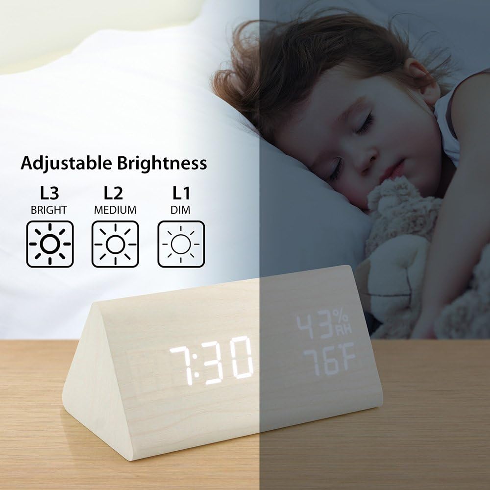 OCT17 Wooden Alarm Clock, Smart LED Digital Clock for Bedroom/desks, Upgraded with Time Temperature, Adjustable Brightness and Voice Control, Humidity Displaying - Black