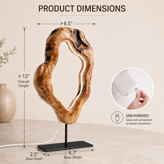 LAPTAIN LED Wood Table Lamp, Irregular Bedside Lamp with Dimmable, Creative Home Decor Table Lamp, Bedside Night Light for Bedroom, Living Room, Large