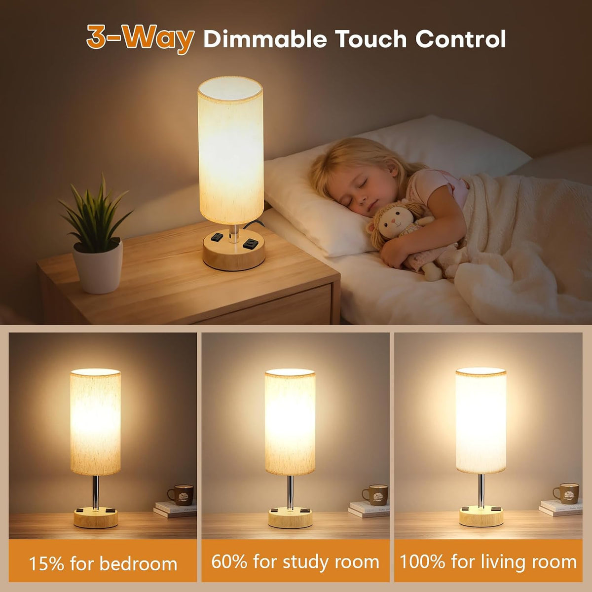 Table Lamp for Bedroom, Touch Nightstand Lamp with 10W USB Charging