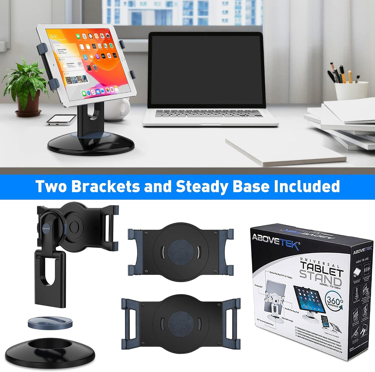 Retail Kiosk iPad Stand, 360° Rotating Commercial POS Tablet Stand, Fits 6"-13" (Screens) iPad mini Pro-Business Swivel Tablet Holder, for Store Office Reception Kitchen Desktop (White)