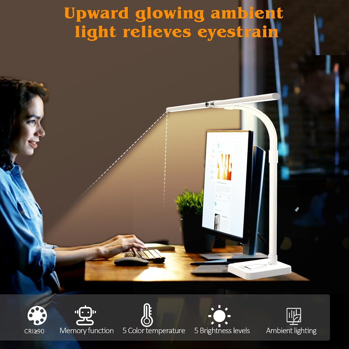 LED Desk Lamp for Home Office, Double Head 24W with Base, Architect Light 5 Lighting Brightness Flexible Gooseneck Table Reading Study, Black
