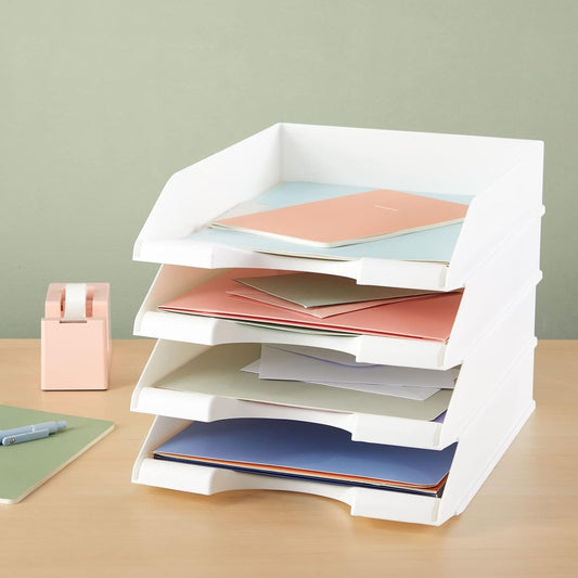 Rectangular Letter Trays - Paper Trays for Classroom - Desktop Paper Organizer & File Holder - Document Organizer for Desk Storage - Pack of 4, White, 10 x 13.5 x 2.5 in