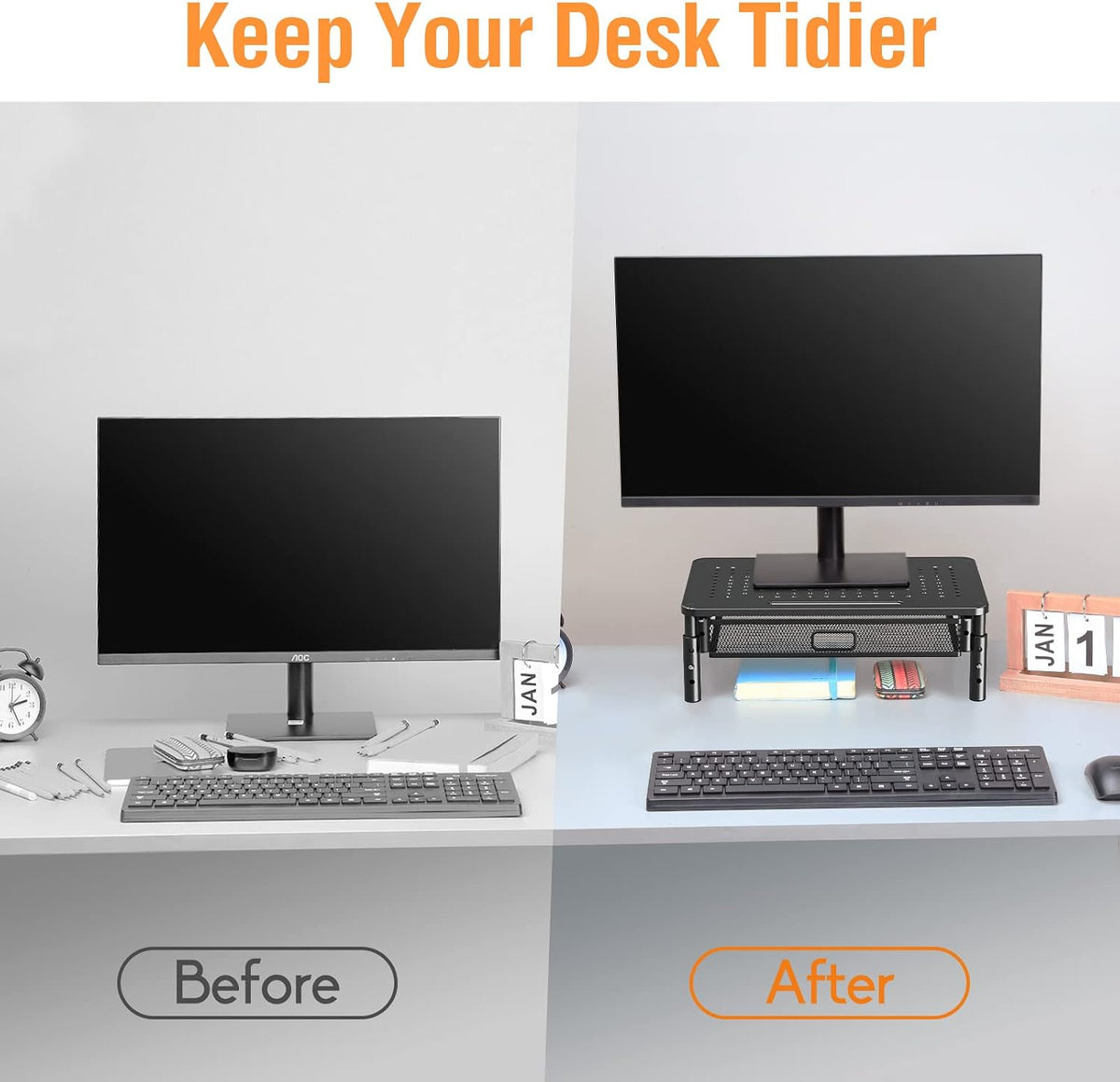 2 Pack Monitor Stand Riser with Metal Drawer, 3 Height Adjustable