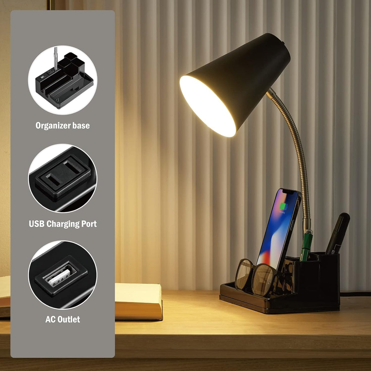E26 Desk Lamp with 1 USB Charging Port and 1 AC Outlet, Organizer Base, Adjustable Neck, On/Off Switch, Modern Table Lamp for Reading, Working, Studying (White)