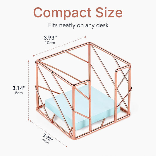 Rose Gold Geometric Sticky Note & Memo Cube Holder, Post Note Dispenser & Desk Organizer Metal Wire for Home, School, Office Supplies (Holder Only)