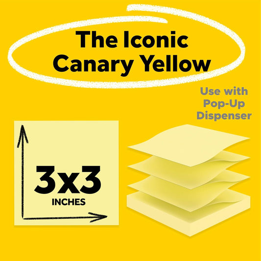 Super Sticky Dispenser Notes, 3 x 3 in, Canary Yellow, 12 Pads