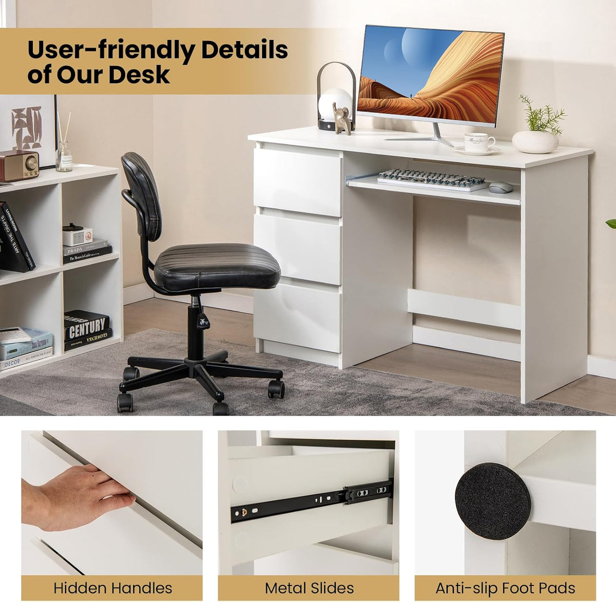 Computer Desk with 3 Storage Drawers & Built-in Charging Station, Home Office Desk with Keyboard Tray, PC Desk Study Writing Desk, Vanity Table for Bedroom, Computer Workstation (Natural)