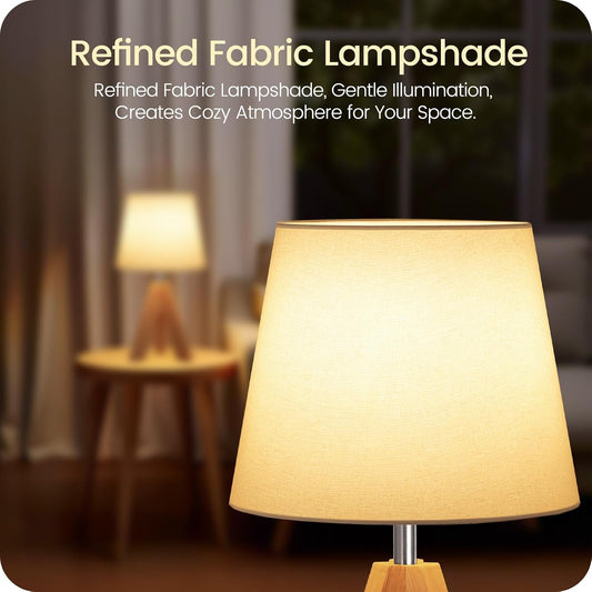 Wood Bedside Lamps Set of 2, Small Tripod Table Lamp, Modern Nightstand Lamp with Fabric Shade, Boho Bedside Wood Desk Lamp for Bedroom, Kids Room, Living Room, Study, White W51TLP205