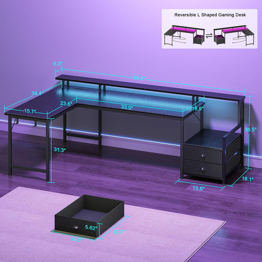 66'' L Shaped Gaming Desk with Storage Drawers, Power Outlets, LED