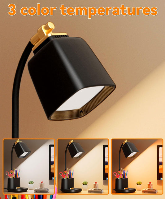 LED Desk Lamp for Dorm 2 USB Ports, Dorm Room Essentials, Small Table Lamp for Home Office, College Dorm Room Gifts, Gooseneck Desk Light with Charger Storage Box for Study, Reading, Craft, Work, Task