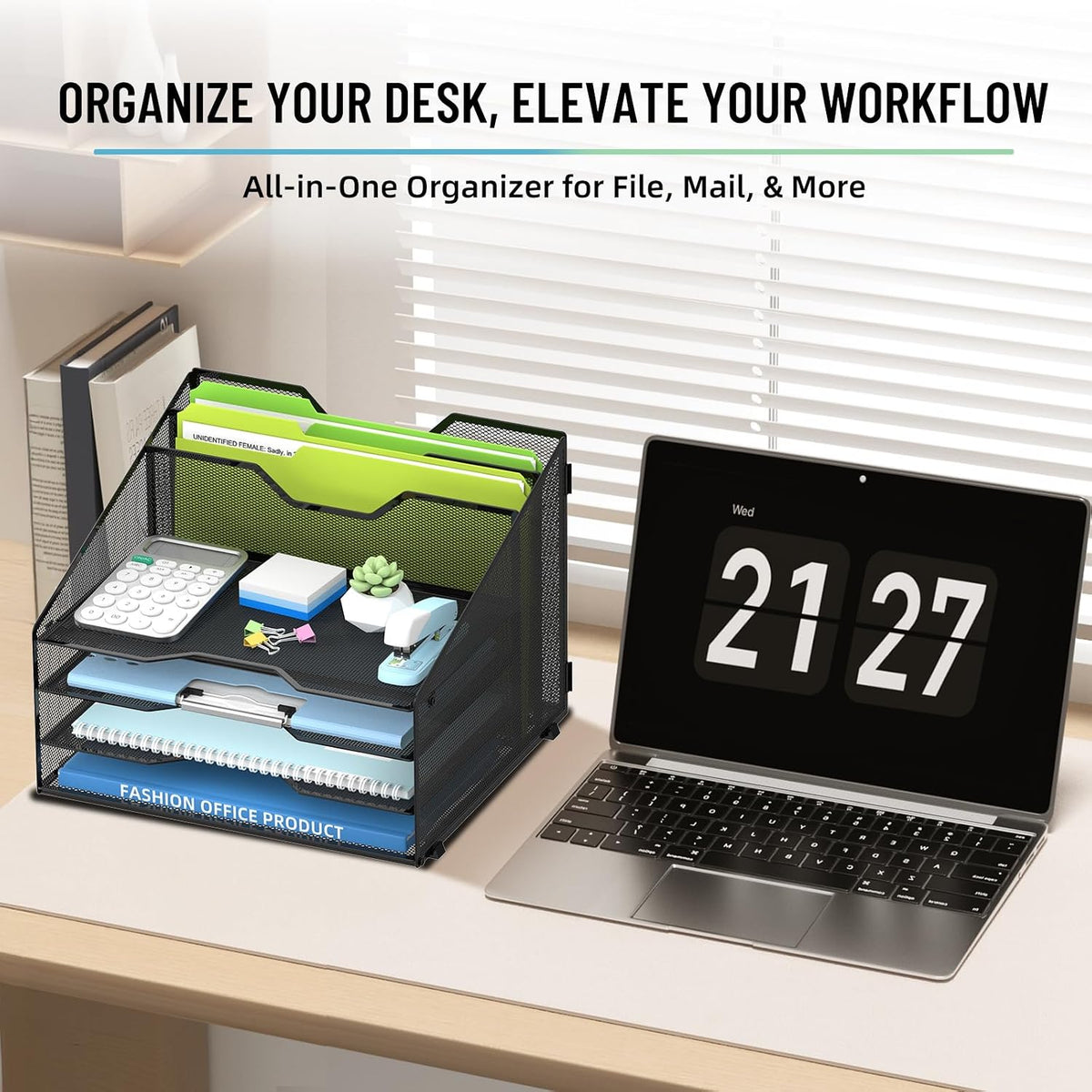 Desk File Organizer with 4 Letter Trays and 2 Vertical File Holders, Black