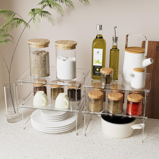 2 Pcs Cabinet Organizer Shelf, Stackable Kitchen Counter Shelves, Spice Rack,Countertop Organizers, Clear Plastic Storage Shelves Rack for Makeup,Bathroom,Cupboard,Desk,Pantry Organization