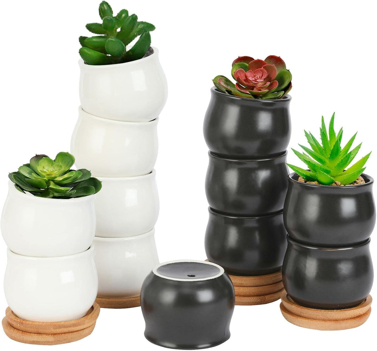 Succulent Plant Pot, White Mini 2.6 inch Ceramic Flower Planter Pot with Bamboo Tray, Pack of 8 - Plants Not Included