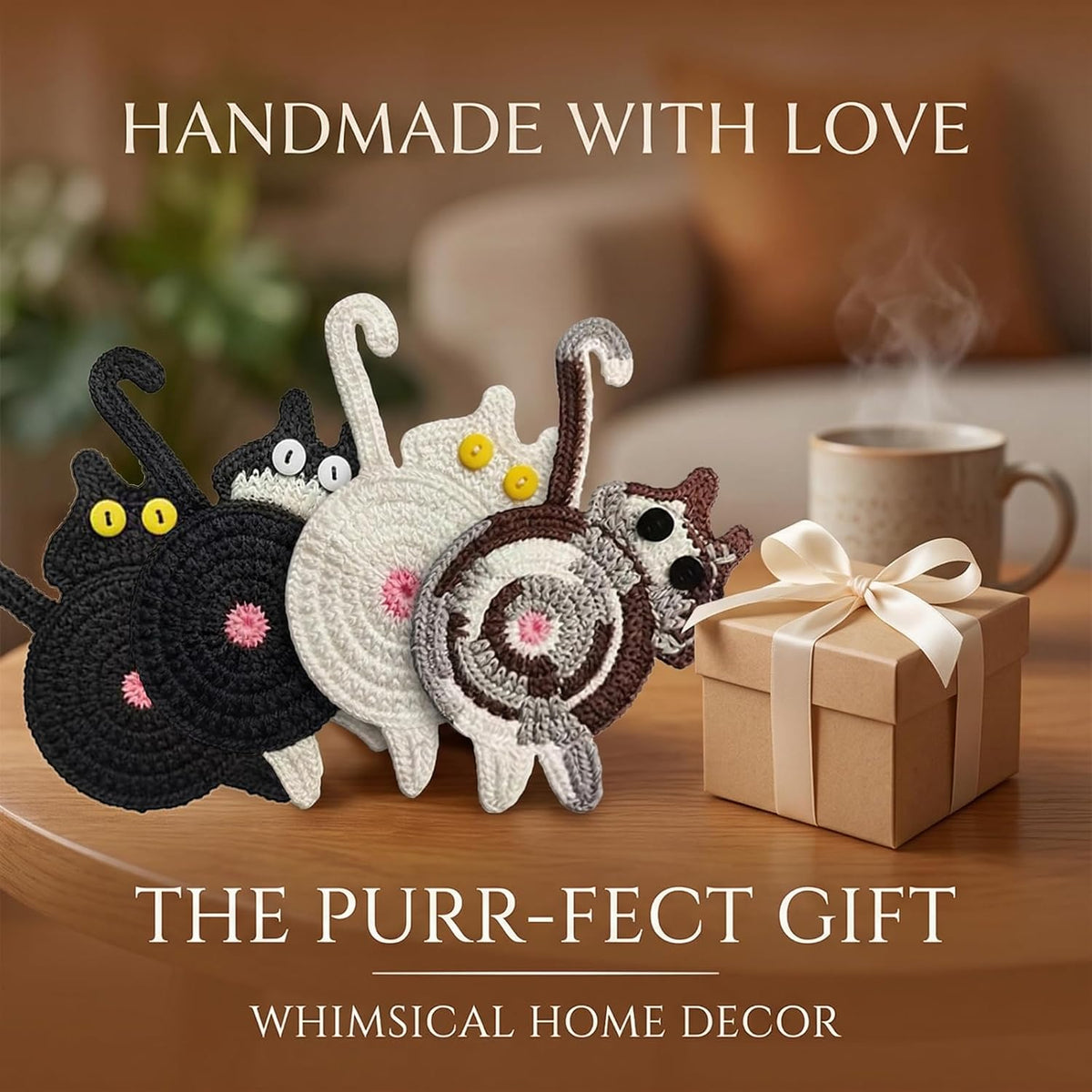 Cat Coaster Funny Gifts, 4Pcs Woven Creative Cute Coaster, Lover Gifts Cat Coffee Coaster for Desk Protection, Insulation Coaster Design Home Decor Tabletop