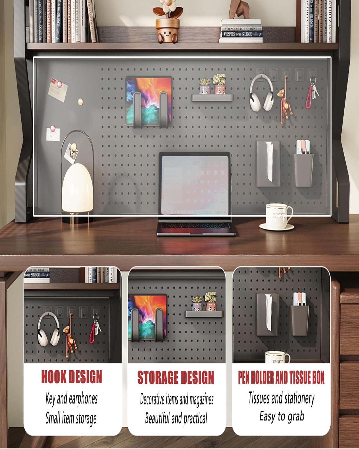 29.5 * 37.5 inch Double-Layer Desktop Storage Rack with DIY pegboard, Open Desktop Storage Rack, Multifunctional Office Supplies Storage Rack, Suitable for Home, Office, and Dormitory, etc.