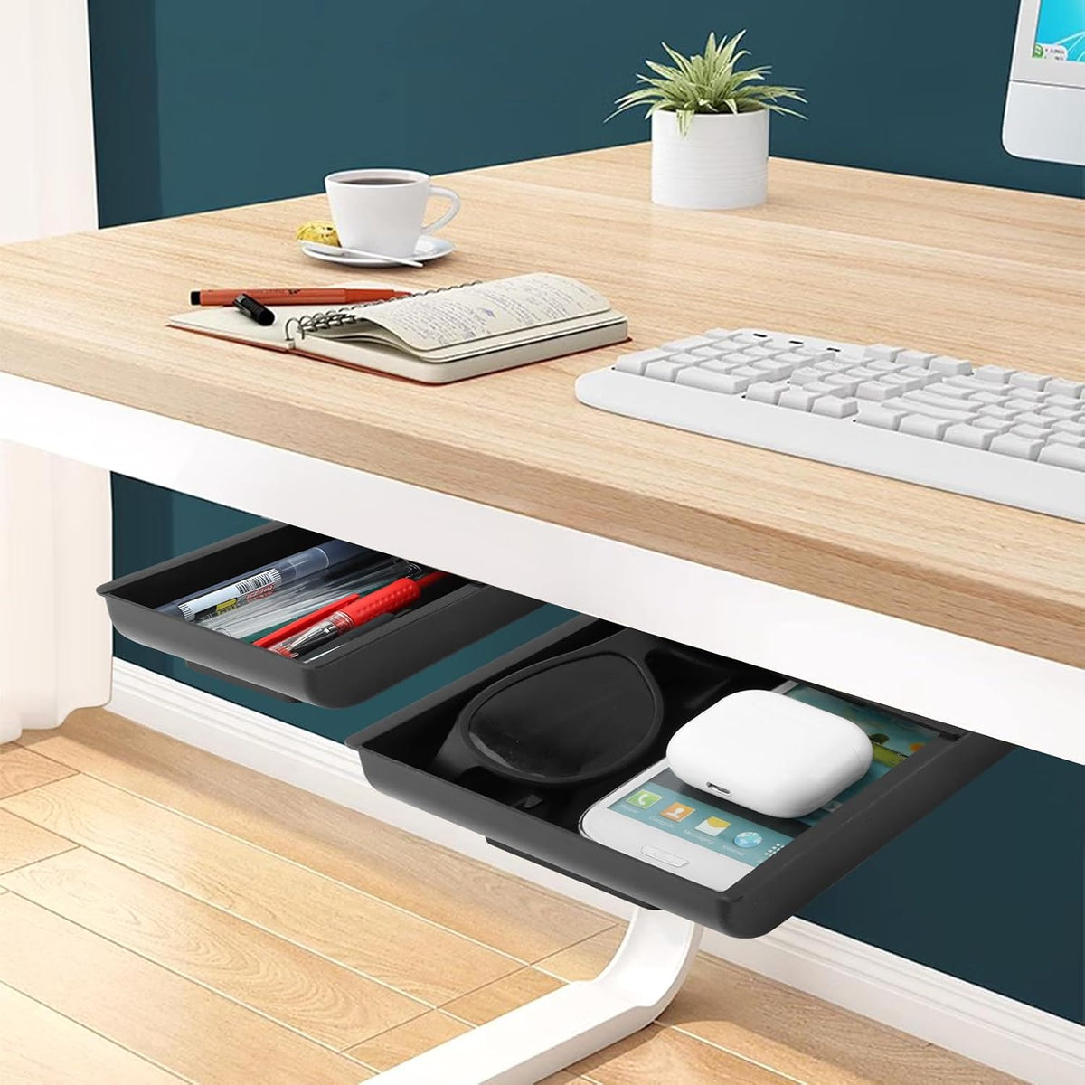 2pcs Under Desk Drawer, Self-Adhesive Pull Out Table Tray, Stick On Desk Drawer Pencil Holder Mounted Desktop Stationery Storage Organizer for Office Supplies & Home Essentials