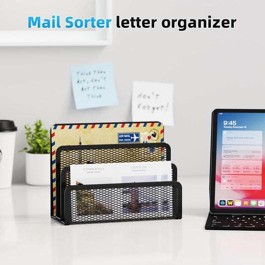 Marbrasse Mail Organizer for Desk, 3-Slot Mesh Metal Mail Holder countertop, Letter Holder, Office Desktop Envelope and Document Storage Rack (2P)