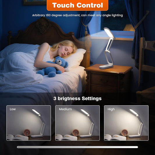 Foldable LED Desk Lamp, Rechargeable Battery Operated Portable Light with 3 Brightness Levels, 180° Adjustable Eye-Caring Mini Lamp for Home Office, Reading & Travel (White)