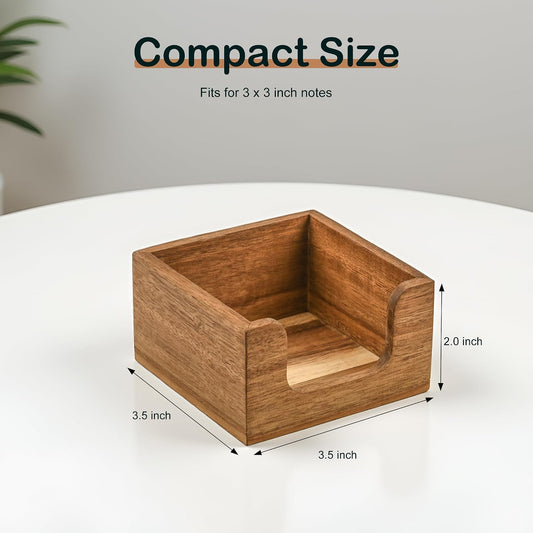 Acacia Wood Sticky Note Holder with 3 Pen Holders, 3x3 Post It Note Dispenser with Anti-Slip Pads, All-in-One Wooden Desk Organizer for Office Home School (4.0“x3.5"x2")