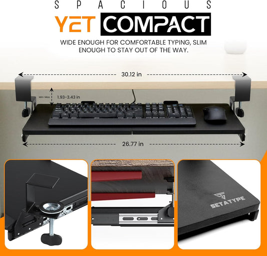 Keyboard Tray Under Desk Slide Out | MDF Board Platform with Iron Rail | Ergonomic Pull-Out Drawer with Clamp Mount | Space Saving Keyboard Shelf Attachment for Home Office Desk