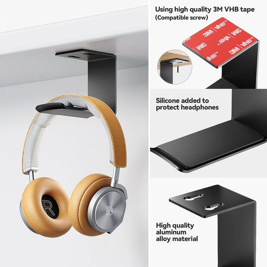 Headphone Stand Hanger,Headset Holder Mount,Aluminum Hook with Strong Adhesive Tape for Headphones (H02-Black-1PCS)