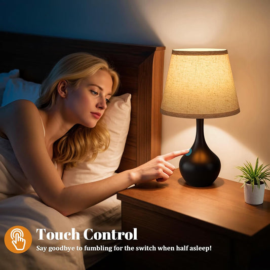 Seealle Touch Table Lamp for Bedroom, 3-Way Dimmable Small Bedside Lamps for Night Stands with Wires, Wood-Paint Desk Lamp for Kids Room, Office, Living Room, End Table(LED Bulb Included)