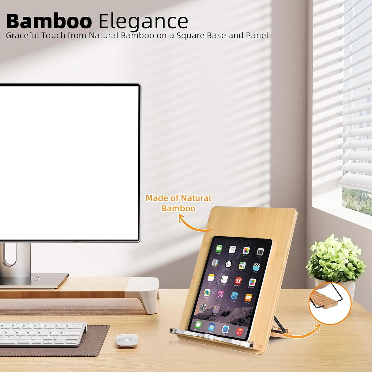 wishacc Large Bamboo Document Holder for Desk - 5 Adjustable Angles Paper Stand for Typing, Oversized Copyholder & Desktop Easel with 2 Page Clips, Foldable Sheet Holder for Legal Pad