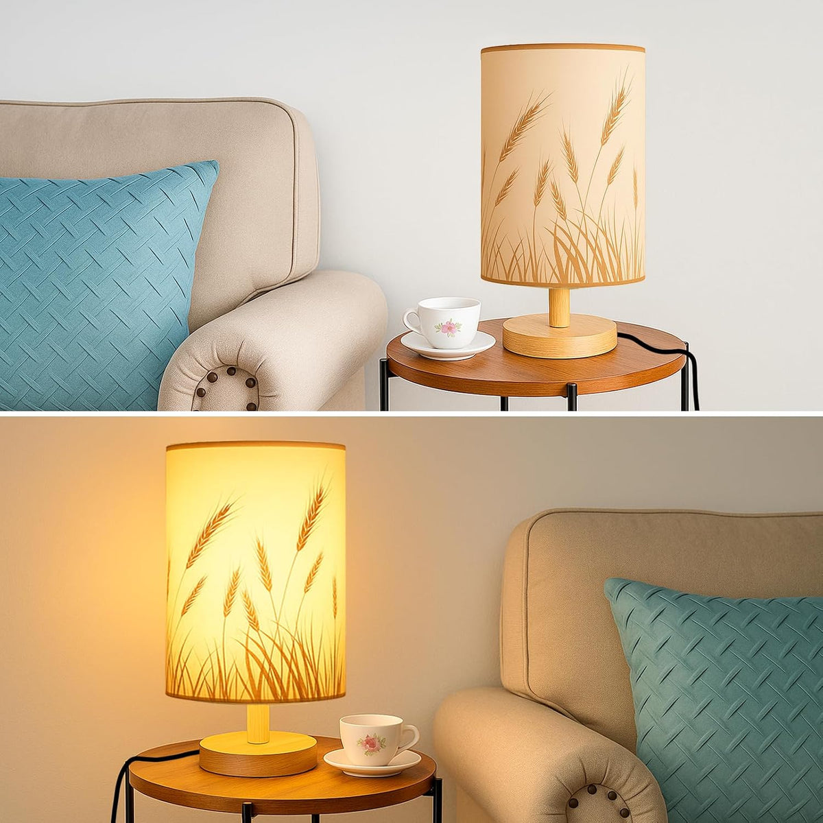 Desk Lamp LED Bulb Included, Small Bedside Table Lamp Plug-in - Classic Wood Base with Flaxen Fabric Shade, Lamps for Night Stands, Simple Nightstand Light for Bedroom, Office, Desk