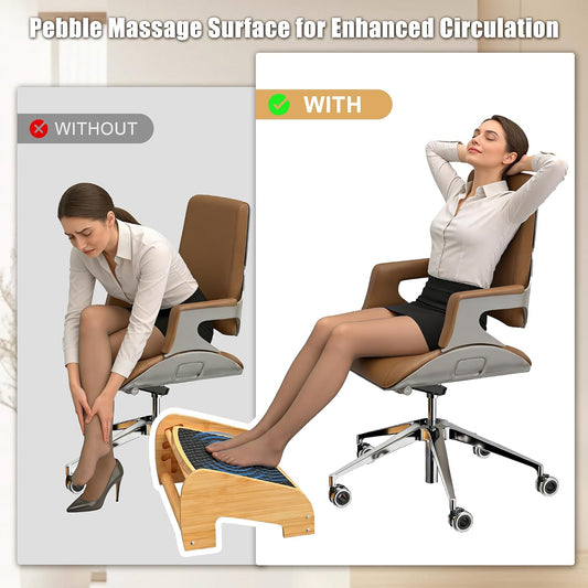 Upgraded Under Desk footrest- Bamboo Ergonomic Adjustable Footrest with 3 Height & Angle Settings,Pebble Massage Surface for Improved Posture and Blood Circulation,Home & Office
